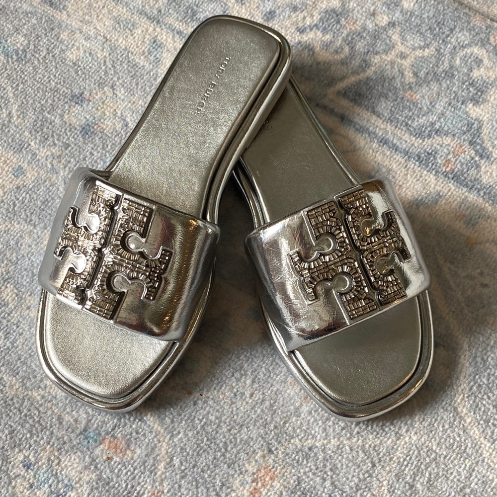 Tory Burch Double T Deco Sport Slides Silver Metallic Leather Crystal